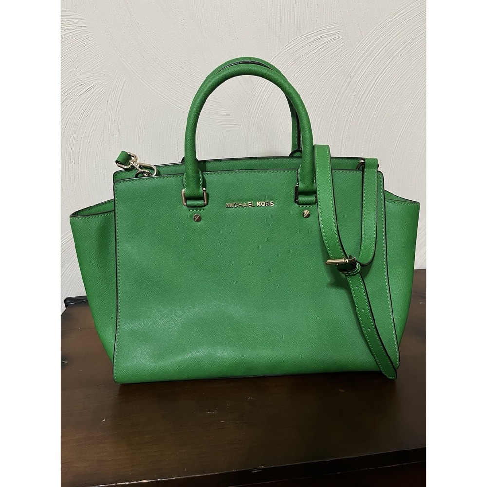 Michael Kors Selma Vibrant Green Leather Satchel Tote Shoulder Bag